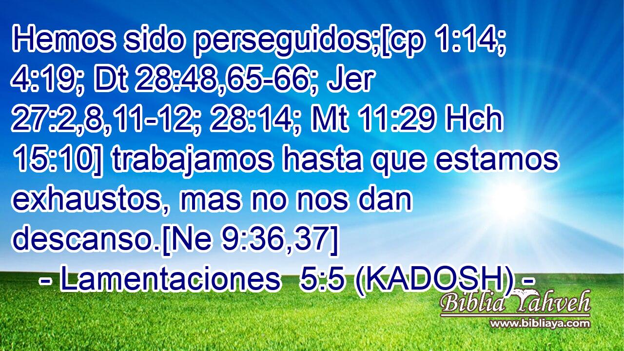  Hemos sido perseguidos;[cp 1:14; 4:19; Dt 28:48,65-66; Jer 27:2,8,11-12; 28:14; Mt 11:29 Hch 15:10] trabajamos hasta que estamos exhaustos, mas no nos dan descanso.[Ne 9:36,37] 