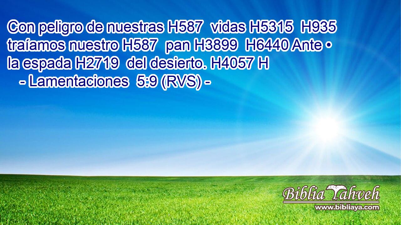 Con peligro de nuestras H587  vidas H5315  H935 traíamos nuestro H587  pan H3899  H6440 Ante • la espada H2719  del desierto. H4057 H