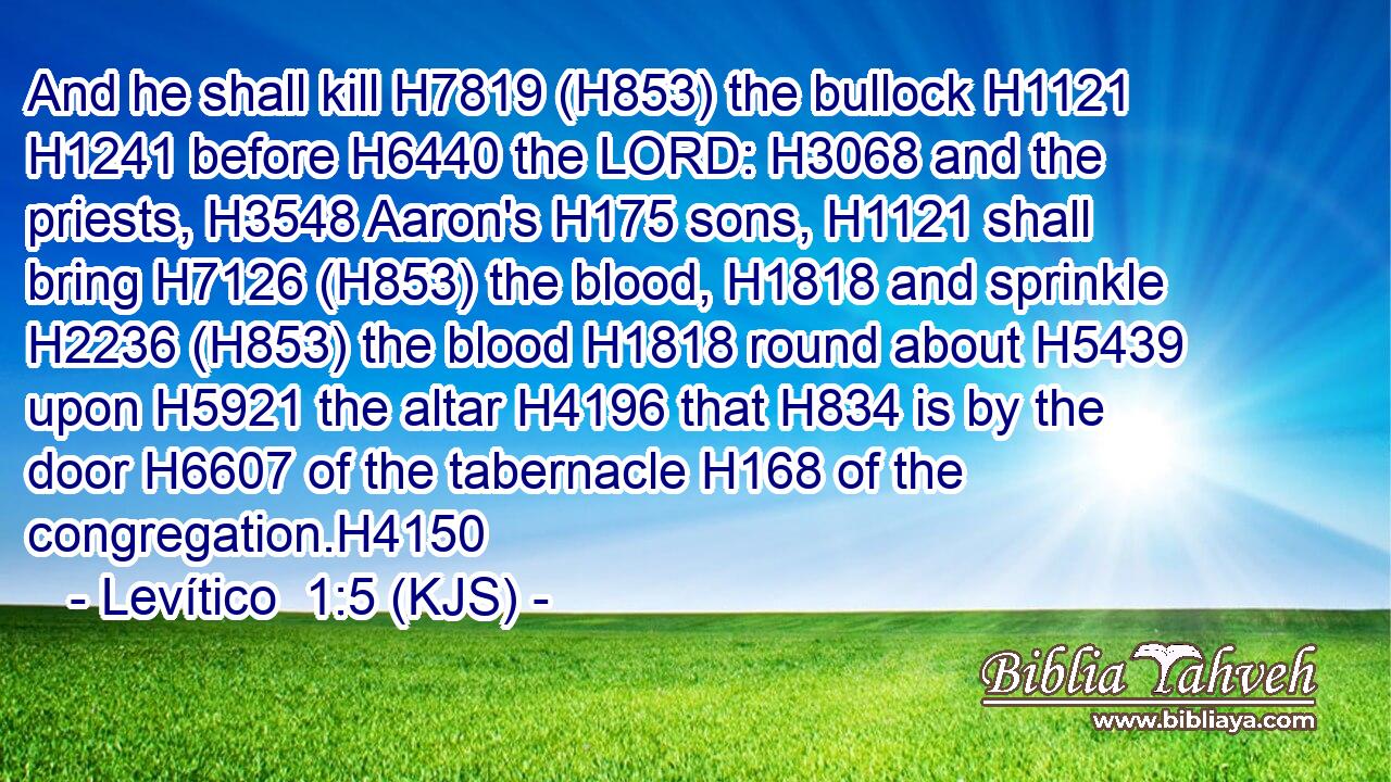 And he shall kill H7819 (H853) the bullock H1121  H1241 before H6440 the LORD: H3068 and the priests, H3548 Aaron's H175 sons, H1121 shall bring H7126 (H853) the blood, H1818 and sprinkle H2236 (H853) the blood H1818 round about H5439 upon H5921 the altar H4196 that H834 is by the door H6607 of the tabernacle H168 of the congregation.H4150