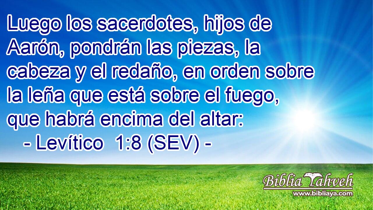 Luego los sacerdotes, hijos de Aarón, pondrán las piezas, la cabeza y el redaño, en orden sobre la leña que está sobre el fuego, que habrá encima del altar: