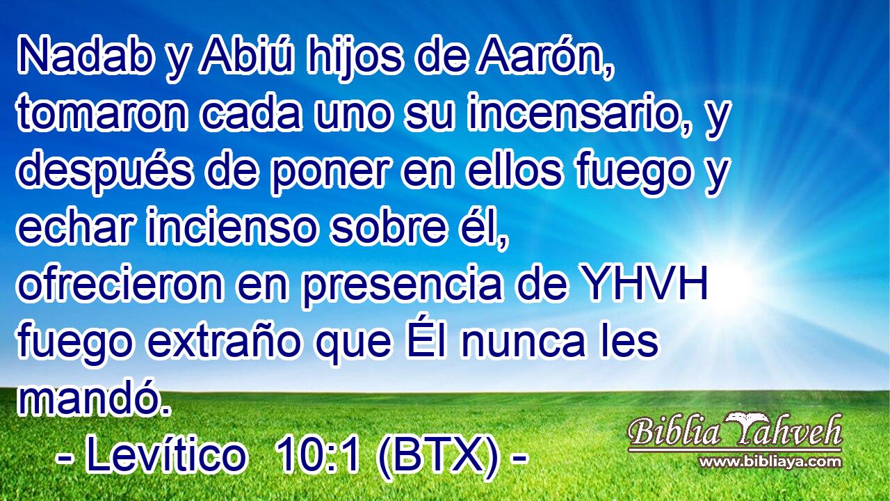 Nadab y Abiú hijos de Aarón, tomaron cada uno su incensario, y después de poner en ellos fuego y echar incienso sobre él, ofrecieron en presencia de YHVH fuego extraño que Él nunca les mandó.
