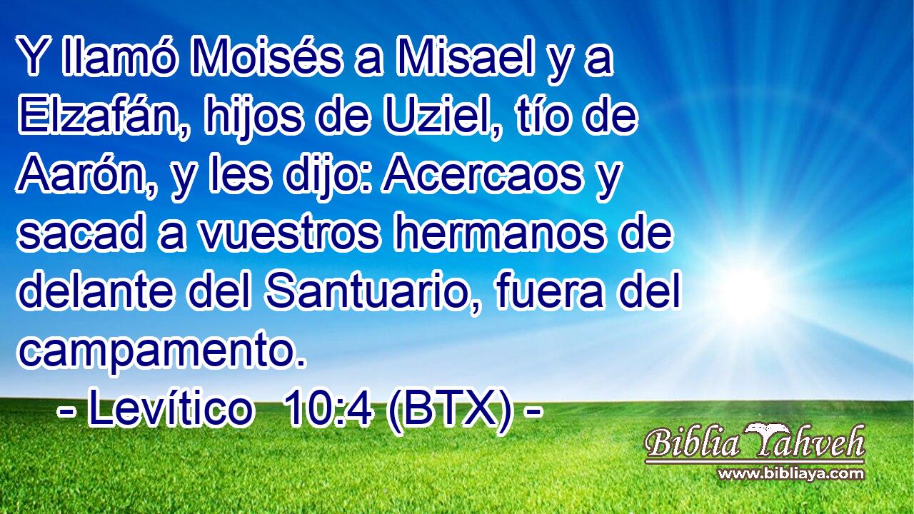 Y llamó Moisés a Misael y a Elzafán, hijos de Uziel, tío de Aarón, y les dijo: Acercaos y sacad a vuestros hermanos de delante del Santuario, fuera del campamento.