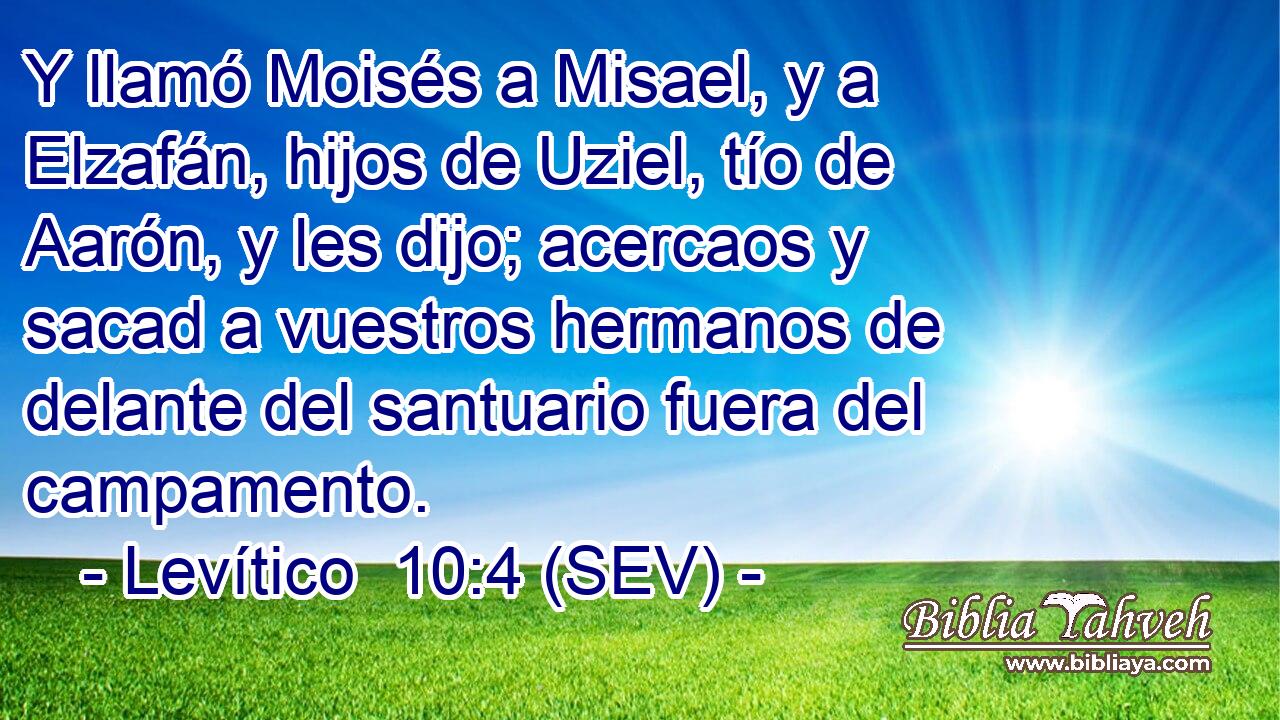Y llamó Moisés a Misael, y a Elzafán, hijos de Uziel, tío de Aarón, y les dijo; acercaos y sacad a vuestros hermanos de delante del santuario fuera del campamento.