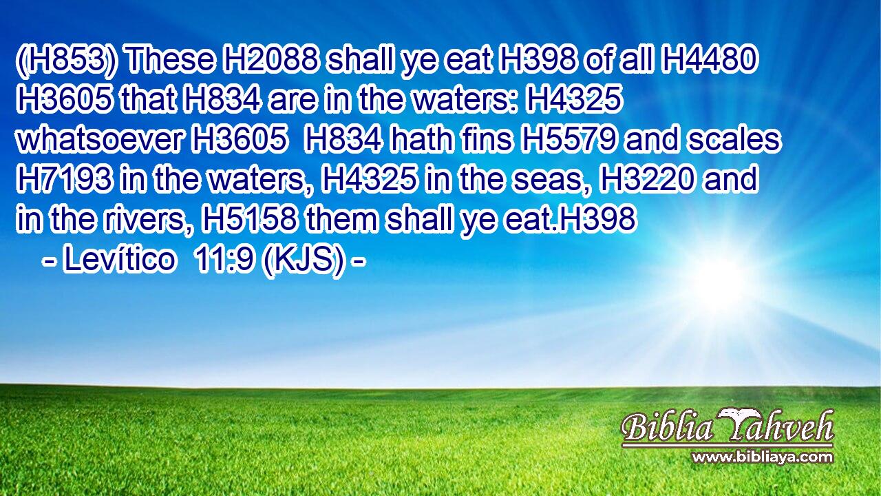 (H853) These H2088 shall ye eat H398 of all H4480  H3605 that H834 are in the waters: H4325 whatsoever H3605  H834 hath fins H5579 and scales H7193 in the waters, H4325 in the seas, H3220 and in the rivers, H5158 them shall ye eat.H398