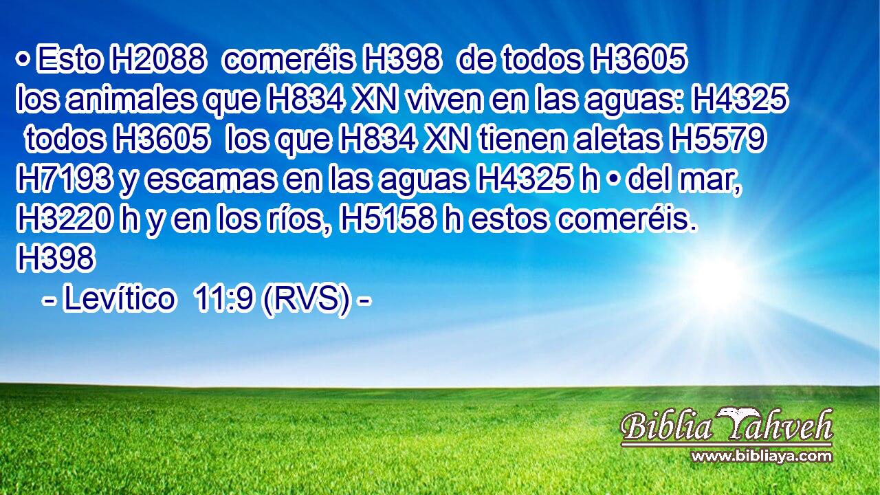 • Esto H2088  comeréis H398  de todos H3605  los animales que H834 XN viven en las aguas: H4325  todos H3605  los que H834 XN tienen aletas H5579  H7193 y escamas en las aguas H4325 h • del mar, H3220 h y en los ríos, H5158 h estos comeréis. H398  