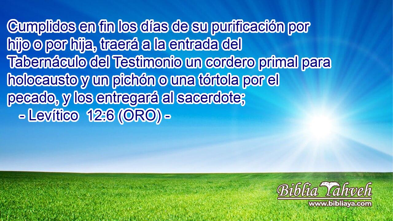  Cumplidos en fin los días de su purificación por hijo o por hija, traerá a la entrada del Tabernáculo del Testimonio un cordero primal para holocausto y un pichón o una tórtola por el pecado, y los entregará al sacerdote; 