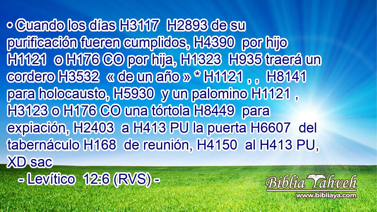 • Cuando los días H3117  H2893 de su purificación fueren cumplidos, H4390  por hijo H1121  o H176 CO por hija, H1323  H935 traerá un cordero H3532  « de un año » * H1121 , ,  H8141 para holocausto, H5930  y un palomino H1121 ,  H3123 o H176 CO una tórtola H8449  para expiación, H2403  a H413 PU la puerta H6607  del tabernáculo H168  de reunión, H4150  al H413 PU, XD sac