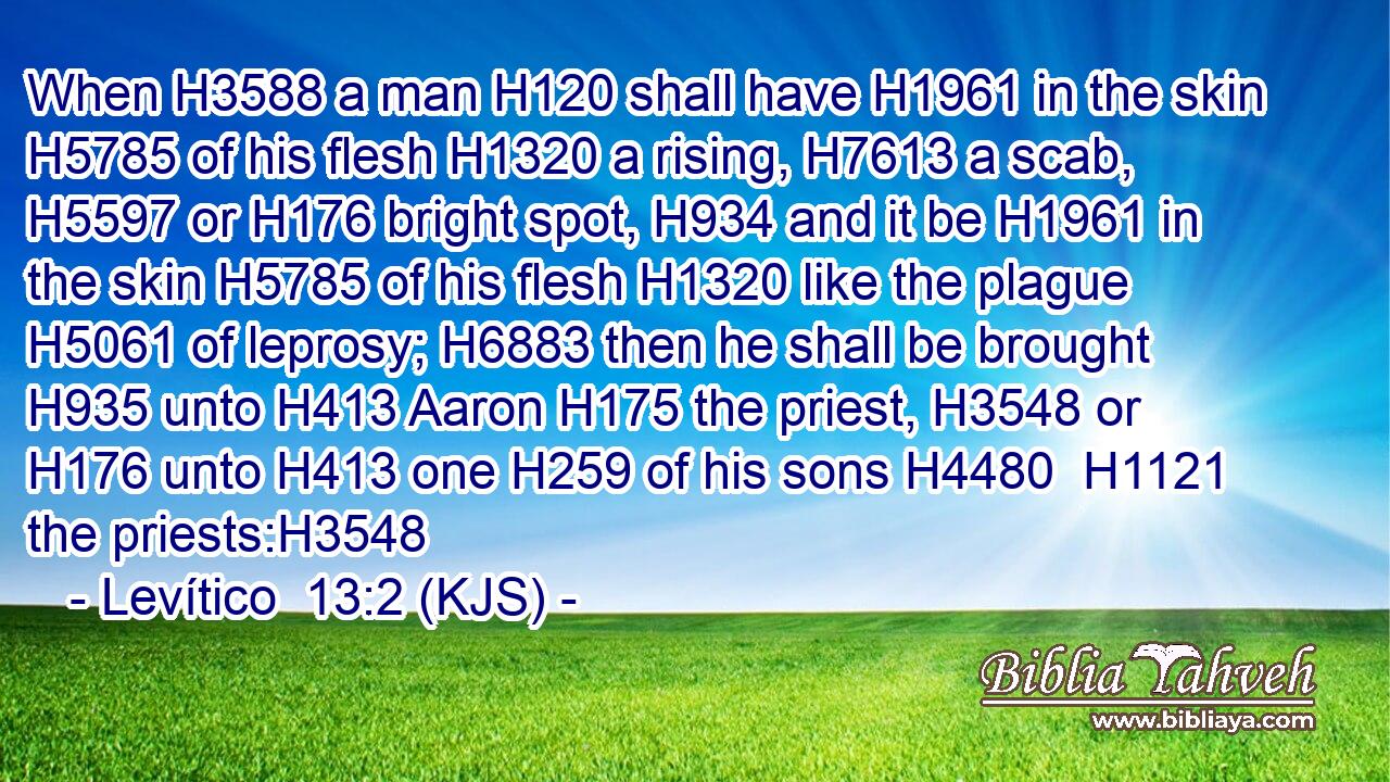When H3588 a man H120 shall have H1961 in the skin H5785 of his flesh H1320 a rising, H7613 a scab, H5597 or H176 bright spot, H934 and it be H1961 in the skin H5785 of his flesh H1320 like the plague H5061 of leprosy; H6883 then he shall be brought H935 unto H413 Aaron H175 the priest, H3548 or H176 unto H413 one H259 of his sons H4480  H1121 the priests:H3548