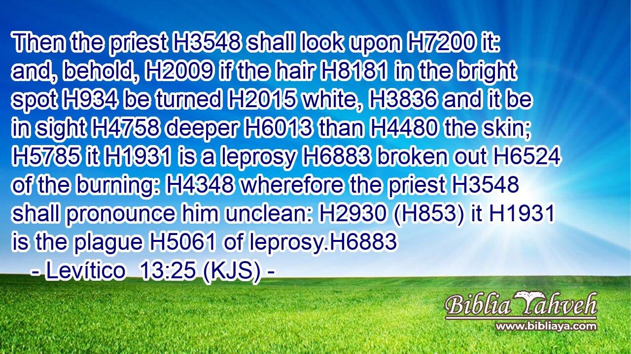 Then the priest H3548 shall look upon H7200 it: and, behold, H2009 if the hair H8181 in the bright spot H934 be turned H2015 white, H3836 and it be in sight H4758 deeper H6013 than H4480 the skin; H5785 it H1931 is a leprosy H6883 broken out H6524 of the burning: H4348 wherefore the priest H3548 shall pronounce him unclean: H2930 (H853) it H1931 is the plague H5061 of leprosy.H6883
