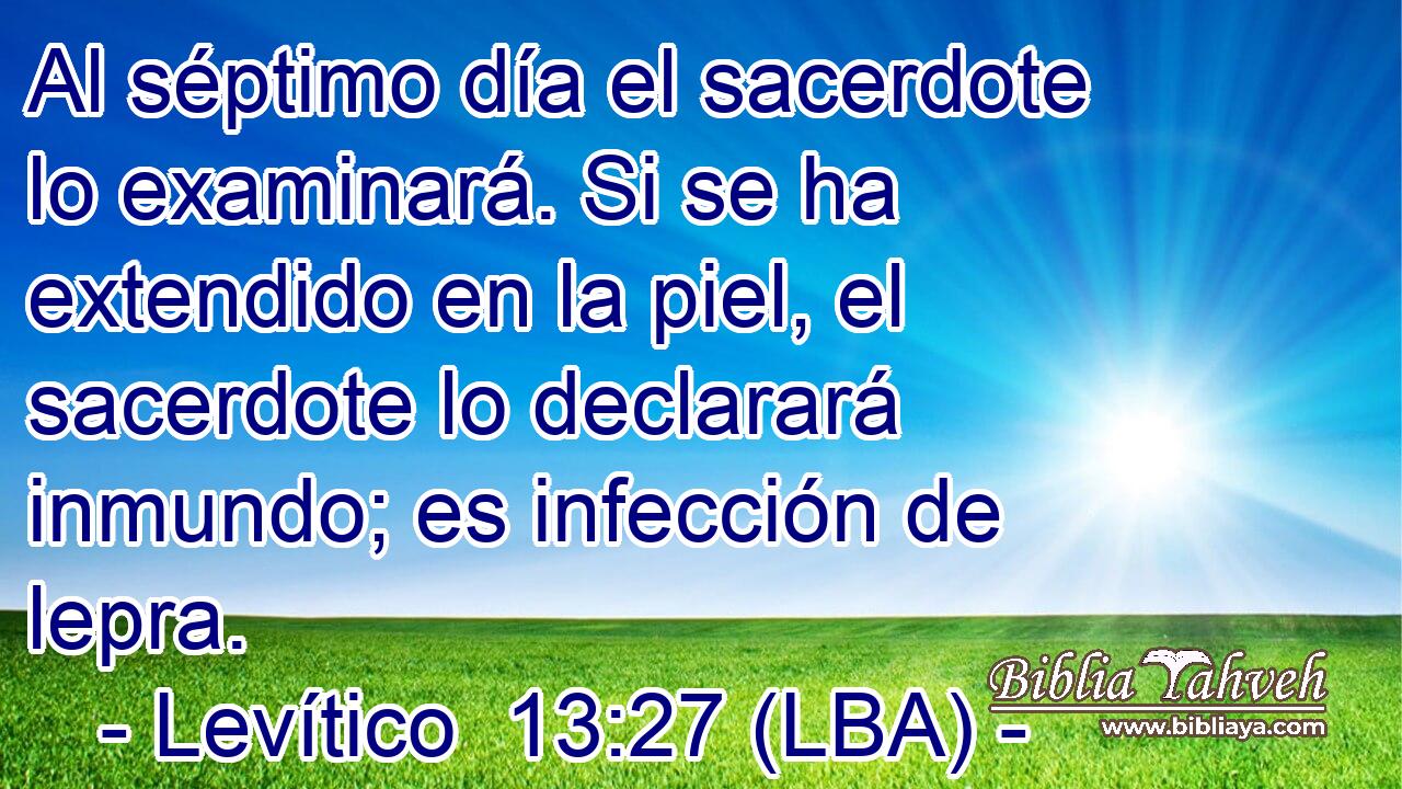 Al séptimo día el sacerdote lo examinará. Si se ha extendido en la piel, el sacerdote lo declarará inmundo; es infección de lepra.