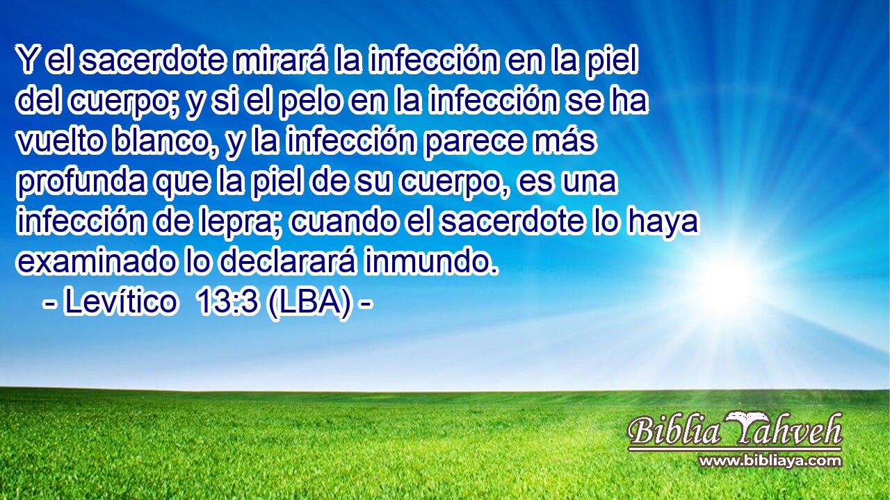 Y el sacerdote mirará la infección en la piel del cuerpo; y si el pelo en la infección se ha vuelto blanco, y la infección parece más profunda que la piel de su cuerpo, es una infección de lepra; cuando el sacerdote lo haya examinado lo declarará inmundo.