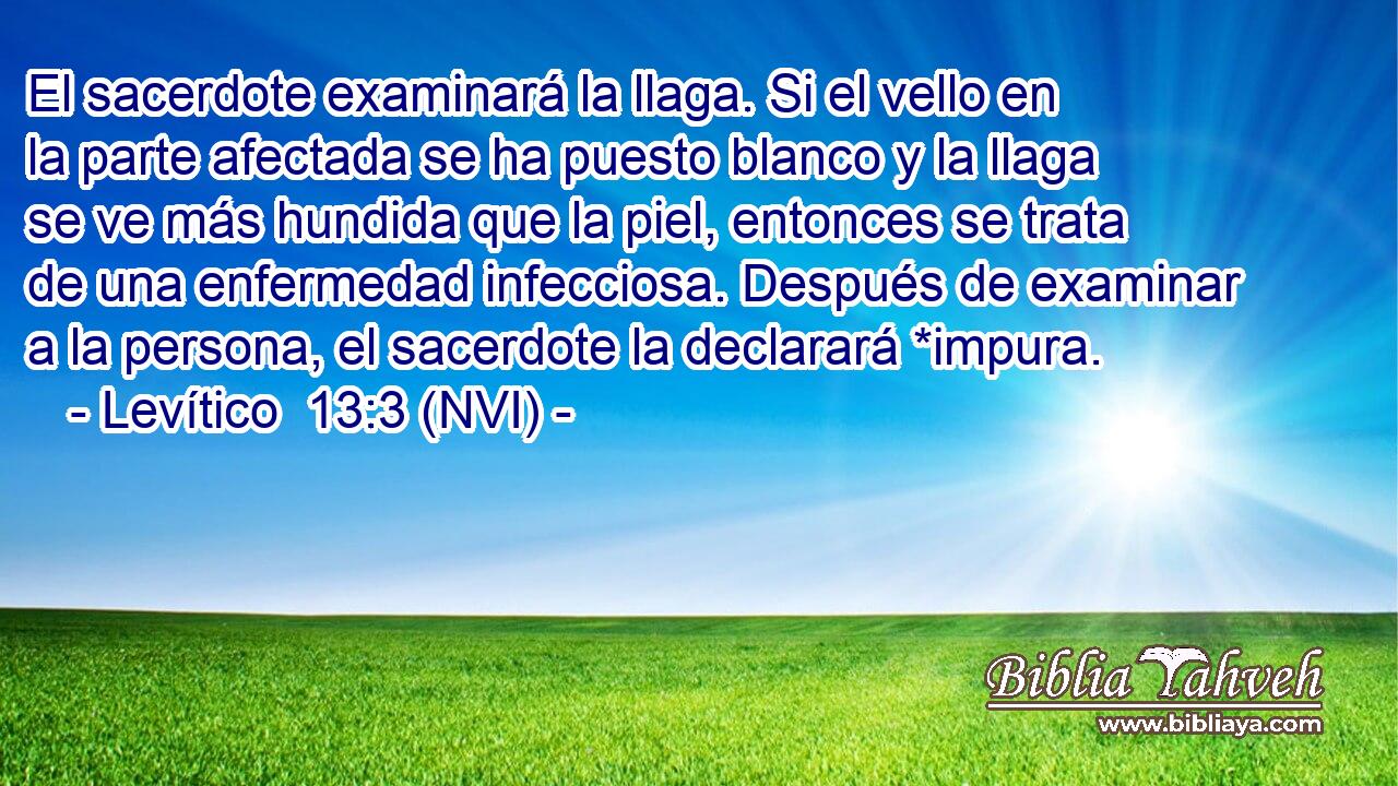  El sacerdote examinará la llaga. Si el vello en la parte afectada se ha puesto blanco y la llaga se ve más hundida que la piel, entonces se trata de una enfermedad infecciosa. Después de examinar a la persona, el sacerdote la declarará *impura. 