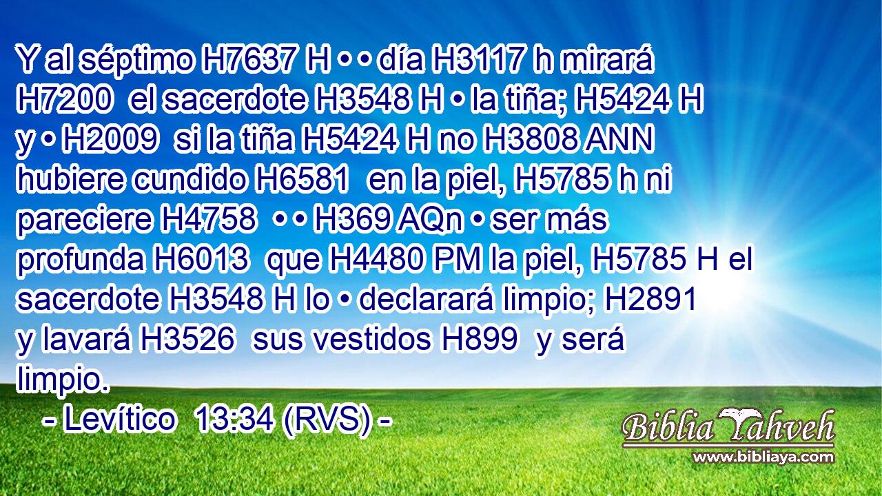Y al séptimo H7637 H • • día H3117 h mirará H7200  el sacerdote H3548 H • la tiña; H5424 H y • H2009  si la tiña H5424 H no H3808 ANN hubiere cundido H6581  en la piel, H5785 h ni pareciere H4758  • • H369 AQn • ser más profunda H6013  que H4480 PM la piel, H5785 H el sacerdote H3548 H lo • declarará limpio; H2891  y lavará H3526  sus vestidos H899  y será limpio. 