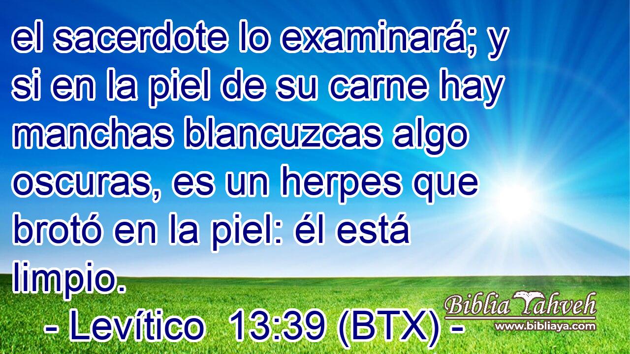 el sacerdote lo examinará; y si en la piel de su carne hay manchas blancuzcas algo oscuras, es un herpes que brotó en la piel: él está limpio.