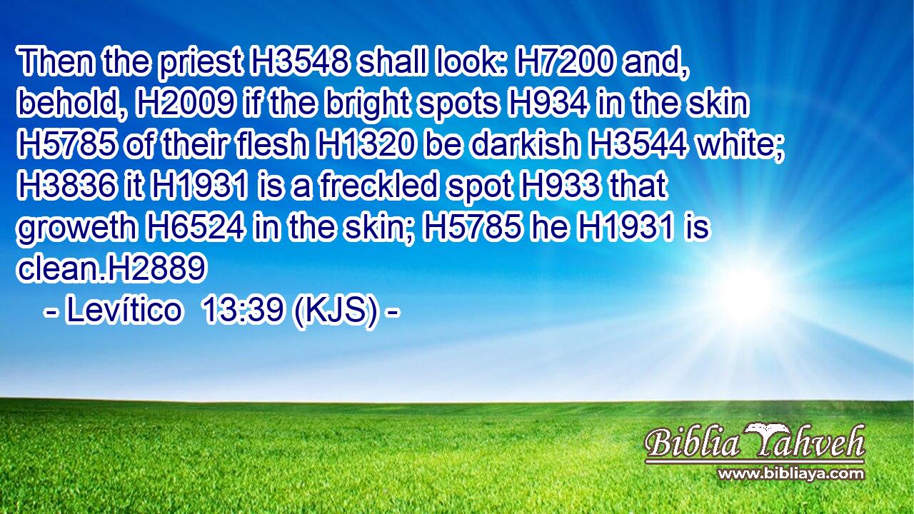 Then the priest H3548 shall look: H7200 and, behold, H2009 if the bright spots H934 in the skin H5785 of their flesh H1320 be darkish H3544 white; H3836 it H1931 is a freckled spot H933 that groweth H6524 in the skin; H5785 he H1931 is clean.H2889