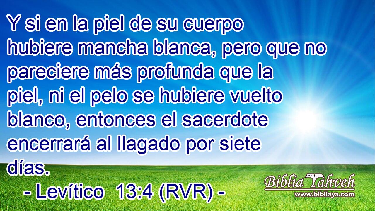 Y si en la piel de su cuerpo hubiere mancha blanca, pero que no pareciere más profunda que la piel, ni el pelo se hubiere vuelto blanco, entonces el sacerdote encerrará al llagado por siete días.