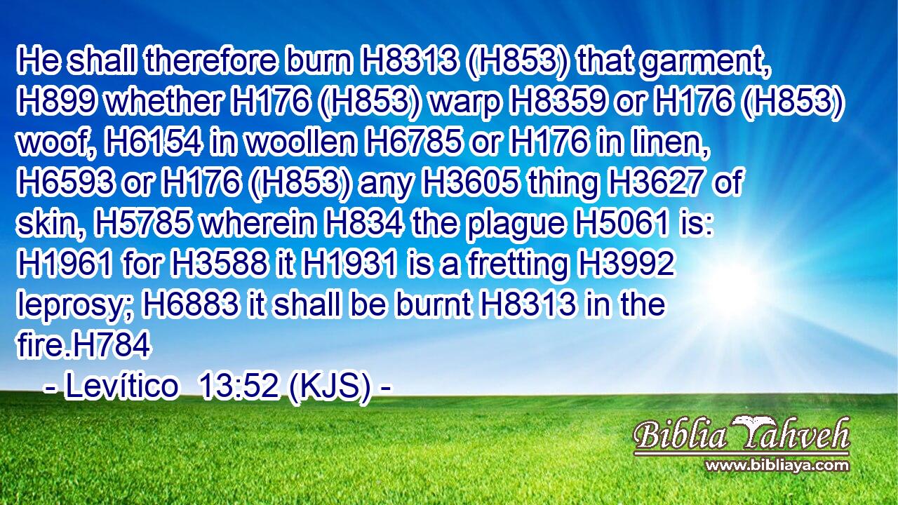 He shall therefore burn H8313 (H853) that garment, H899 whether H176 (H853) warp H8359 or H176 (H853) woof, H6154 in woollen H6785 or H176 in linen, H6593 or H176 (H853) any H3605 thing H3627 of skin, H5785 wherein H834 the plague H5061 is: H1961 for H3588 it H1931 is a fretting H3992 leprosy; H6883 it shall be burnt H8313 in the fire.H784