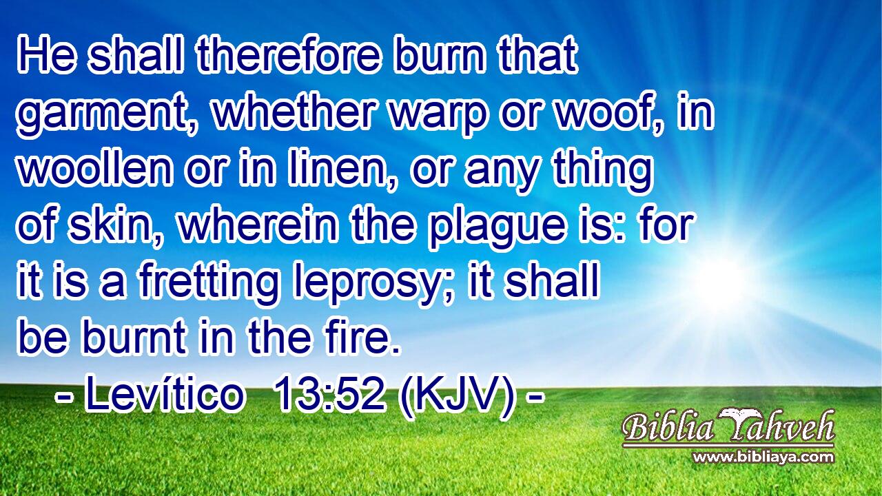 He shall therefore burn that garment, whether warp or woof, in woollen or in linen, or any thing of skin, wherein the plague is: for it is a fretting leprosy; it shall be burnt in the fire.