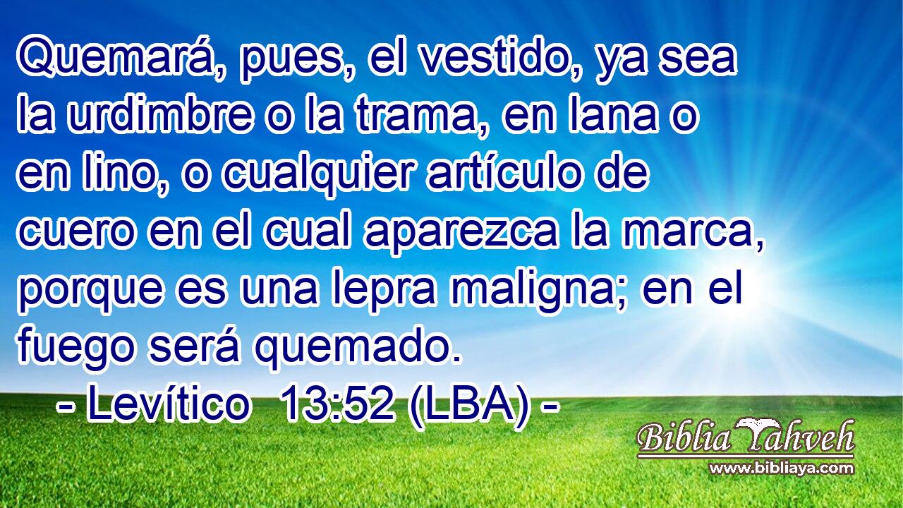Quemará, pues, el vestido, ya sea la urdimbre o la trama, en lana o en lino, o cualquier artículo de cuero en el cual aparezca la marca, porque es una lepra maligna; en el fuego será quemado.