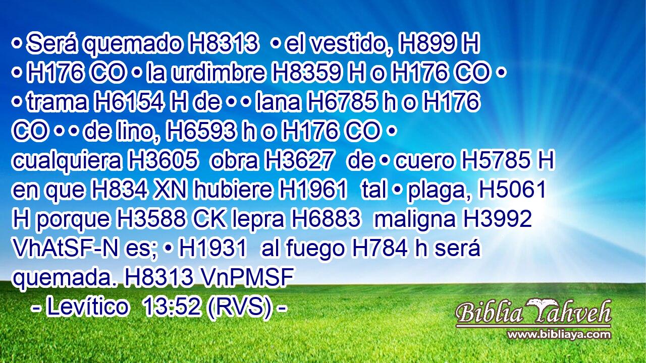 • Será quemado H8313  • el vestido, H899 H • H176 CO • la urdimbre H8359 H o H176 CO • • trama H6154 H de • • lana H6785 h o H176 CO • • de lino, H6593 h o H176 CO • cualquiera H3605  obra H3627  de • cuero H5785 H en que H834 XN hubiere H1961  tal • plaga, H5061 H porque H3588 CK lepra H6883  maligna H3992 VhAtSF-N es; • H1931  al fuego H784 h será quemada. H8313 VnPMSF