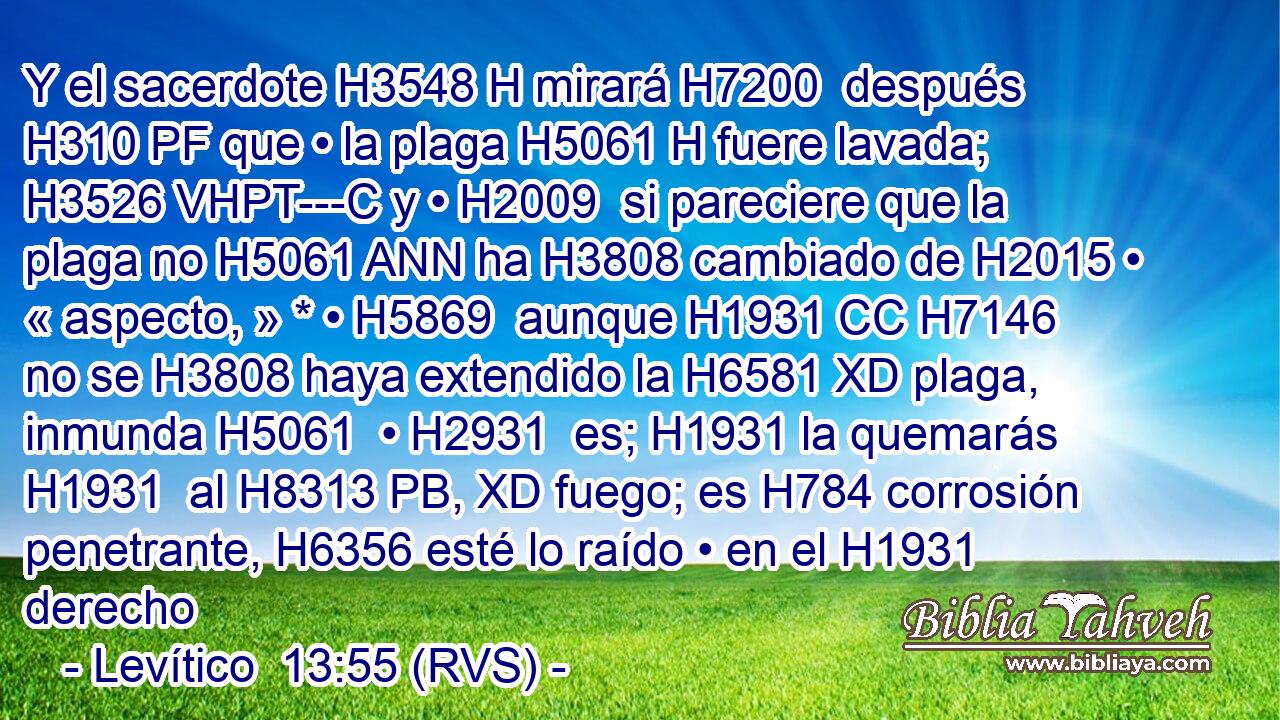 Y el sacerdote H3548 H mirará H7200  después H310 PF que • la plaga H5061 H fuere lavada; H3526 VHPT---C y • H2009  si pareciere que la plaga no H5061 ANN ha H3808 cambiado de H2015 • « aspecto, » * • H5869  aunque H1931 CC H7146 no se H3808 haya extendido la H6581 XD plaga, inmunda H5061  • H2931  es; H1931 la quemarás H1931  al H8313 PB, XD fuego; es H784 corrosión penetrante, H6356 esté lo raído • en el H1931 derecho