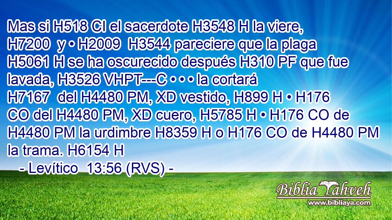 Mas si H518 CI el sacerdote H3548 H la viere, H7200  y • H2009  H3544 pareciere que la plaga H5061 H se ha oscurecido después H310 PF que fue lavada, H3526 VHPT---C • • • la cortará H7167  del H4480 PM, XD vestido, H899 H • H176 CO del H4480 PM, XD cuero, H5785 H • H176 CO de H4480 PM la urdimbre H8359 H o H176 CO de H4480 PM la trama. H6154 H 