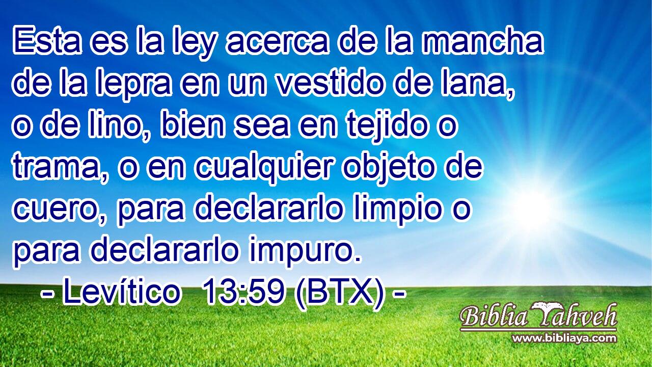 Esta es la ley acerca de la mancha de la lepra en un vestido de lana, o de lino, bien sea en tejido o trama, o en cualquier objeto de cuero, para declararlo limpio o para declararlo impuro.