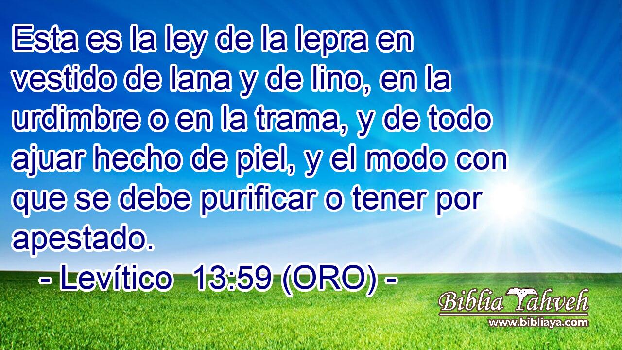  Esta es la ley de la lepra en vestido de lana y de lino, en la urdimbre o en la trama, y de todo ajuar hecho de piel, y el modo con que se debe purificar o tener por apestado. 
