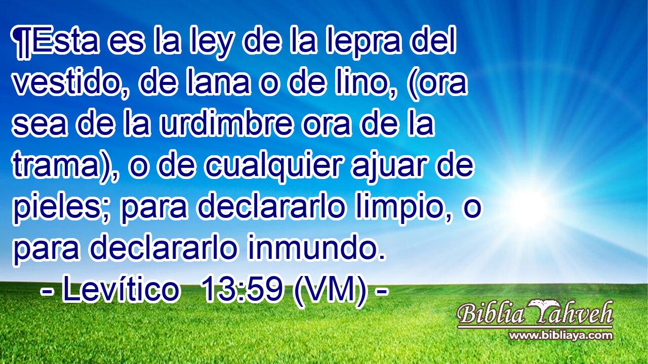  ¶Esta es la ley de la lepra del vestido, de lana o de lino, (ora sea de la urdimbre ora de la trama), o de cualquier ajuar de pieles; para declararlo limpio, o para declararlo inmundo. 