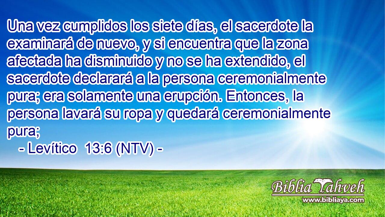 Una vez cumplidos los siete días, el sacerdote la examinará de nuevo, y si encuentra que la zona afectada ha disminuido y no se ha extendido, el sacerdote declarará a la persona ceremonialmente pura; era solamente una erupción. Entonces, la persona lavará su ropa y quedará ceremonialmente pura;