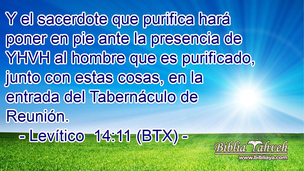 Y el sacerdote que purifica hará poner en pie ante la presencia de YHVH al hombre que es purificado, junto con estas cosas, en la entrada del Tabernáculo de Reunión.