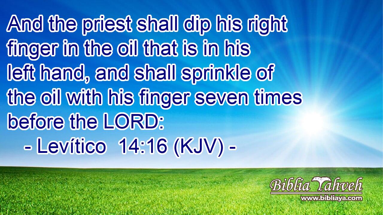 And the priest shall dip his right finger in the oil that is in his left hand, and shall sprinkle of the oil with his finger seven times before the LORD:
