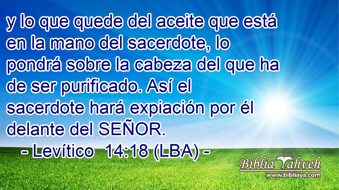 y lo que quede del aceite que está en la mano del sacerdote, lo pondrá sobre la cabeza del que ha de ser purificado. Así el sacerdote hará expiación por él delante del SEÑOR.