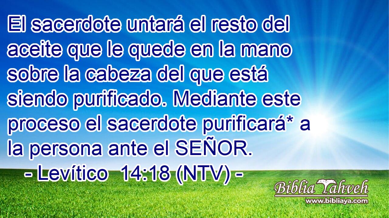 El sacerdote untará el resto del aceite que le quede en la mano sobre la cabeza del que está siendo purificado. Mediante este proceso el sacerdote purificará* a la persona ante el SEÑOR.