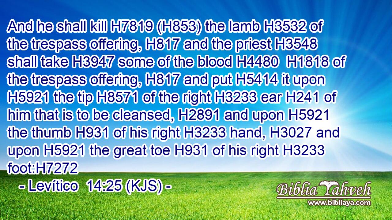 And he shall kill H7819 (H853) the lamb H3532 of the trespass offering, H817 and the priest H3548 shall take H3947 some of the blood H4480  H1818 of the trespass offering, H817 and put H5414 it upon H5921 the tip H8571 of the right H3233 ear H241 of him that is to be cleansed, H2891 and upon H5921 the thumb H931 of his right H3233 hand, H3027 and upon H5921 the great toe H931 of his right H3233 foot:H7272