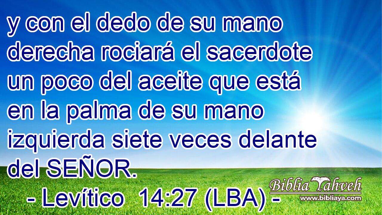 y con el dedo de su mano derecha rociará el sacerdote un poco del aceite que está en la palma de su mano izquierda siete veces delante del SEÑOR.