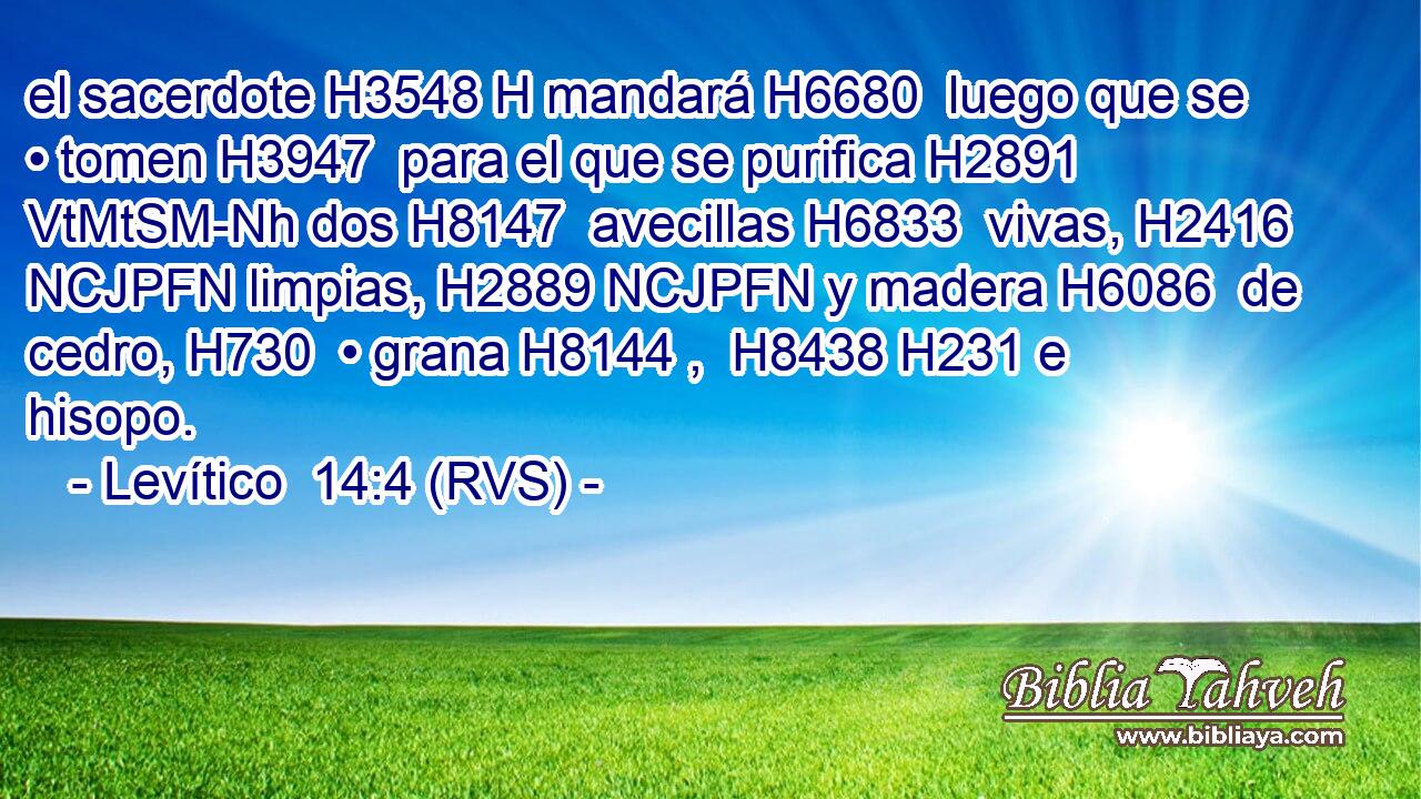 el sacerdote H3548 H mandará H6680  luego que se • tomen H3947  para el que se purifica H2891 VtMtSM-Nh dos H8147  avecillas H6833  vivas, H2416 NCJPFN limpias, H2889 NCJPFN y madera H6086  de cedro, H730  • grana H8144 ,  H8438 H231 e hisopo. 