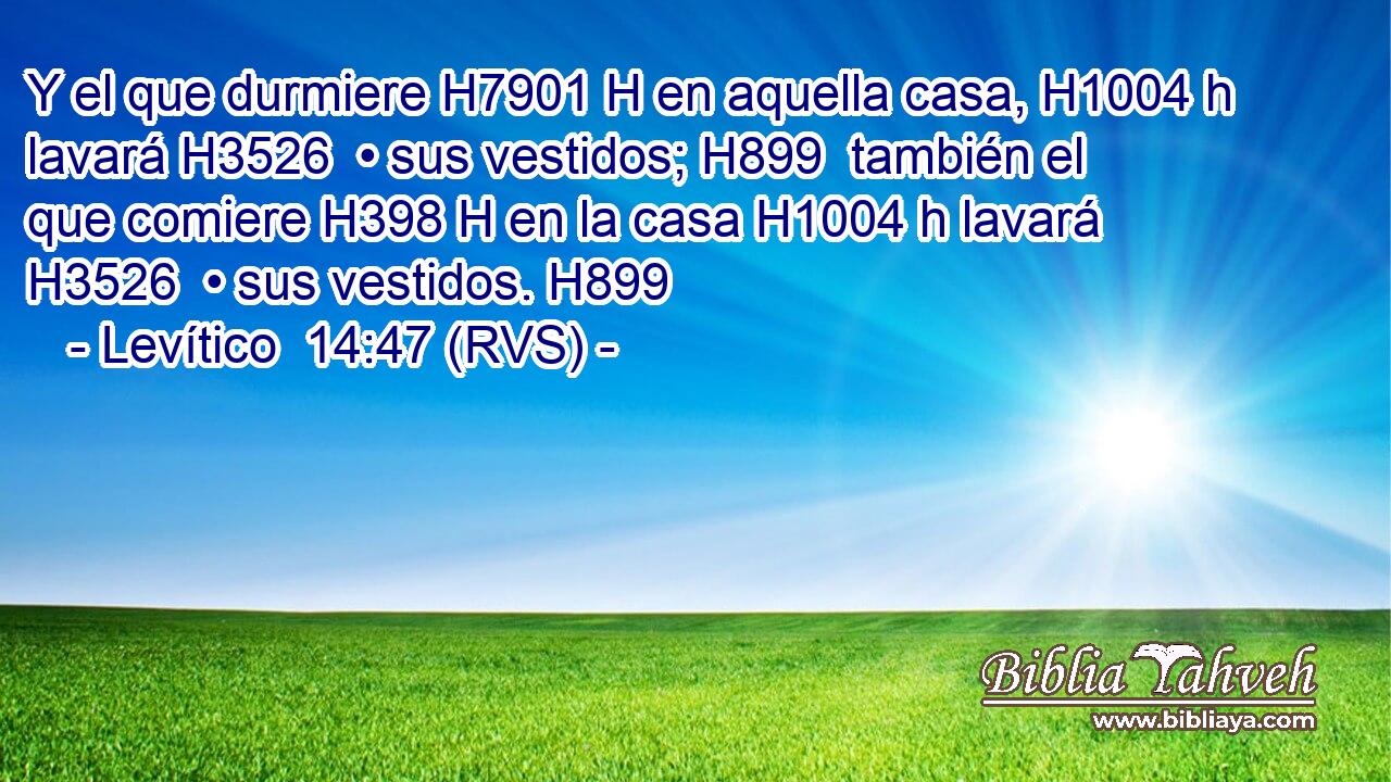 Y el que durmiere H7901 H en aquella casa, H1004 h lavará H3526  • sus vestidos; H899  también el que comiere H398 H en la casa H1004 h lavará H3526  • sus vestidos. H899  