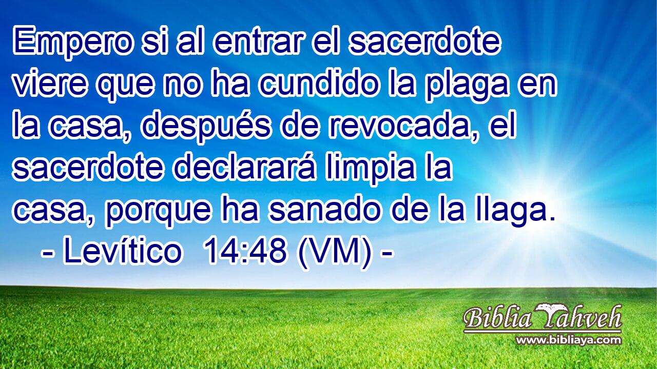  Empero si al entrar el sacerdote viere que no ha cundido la plaga en la casa, después de revocada, el sacerdote declarará limpia la casa, porque ha sanado de la llaga. 