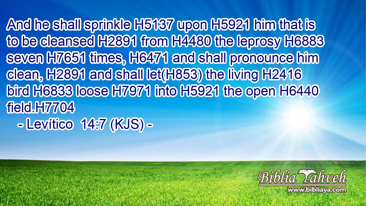 And he shall sprinkle H5137 upon H5921 him that is to be cleansed H2891 from H4480 the leprosy H6883 seven H7651 times, H6471 and shall pronounce him clean, H2891 and shall let(H853) the living H2416 bird H6833 loose H7971 into H5921 the open H6440 field.H7704