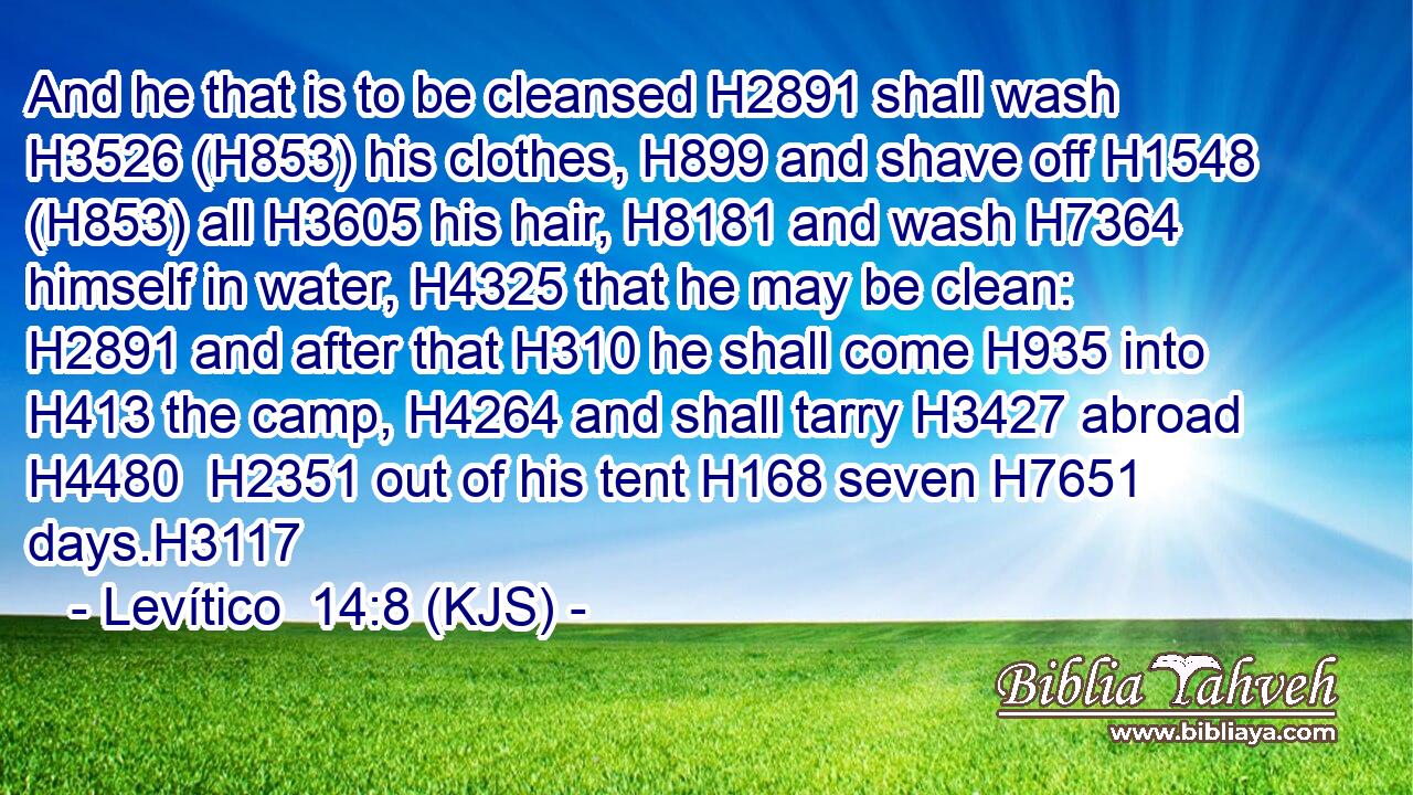 And he that is to be cleansed H2891 shall wash H3526 (H853) his clothes, H899 and shave off H1548 (H853) all H3605 his hair, H8181 and wash H7364 himself in water, H4325 that he may be clean: H2891 and after that H310 he shall come H935 into H413 the camp, H4264 and shall tarry H3427 abroad H4480  H2351 out of his tent H168 seven H7651 days.H3117
