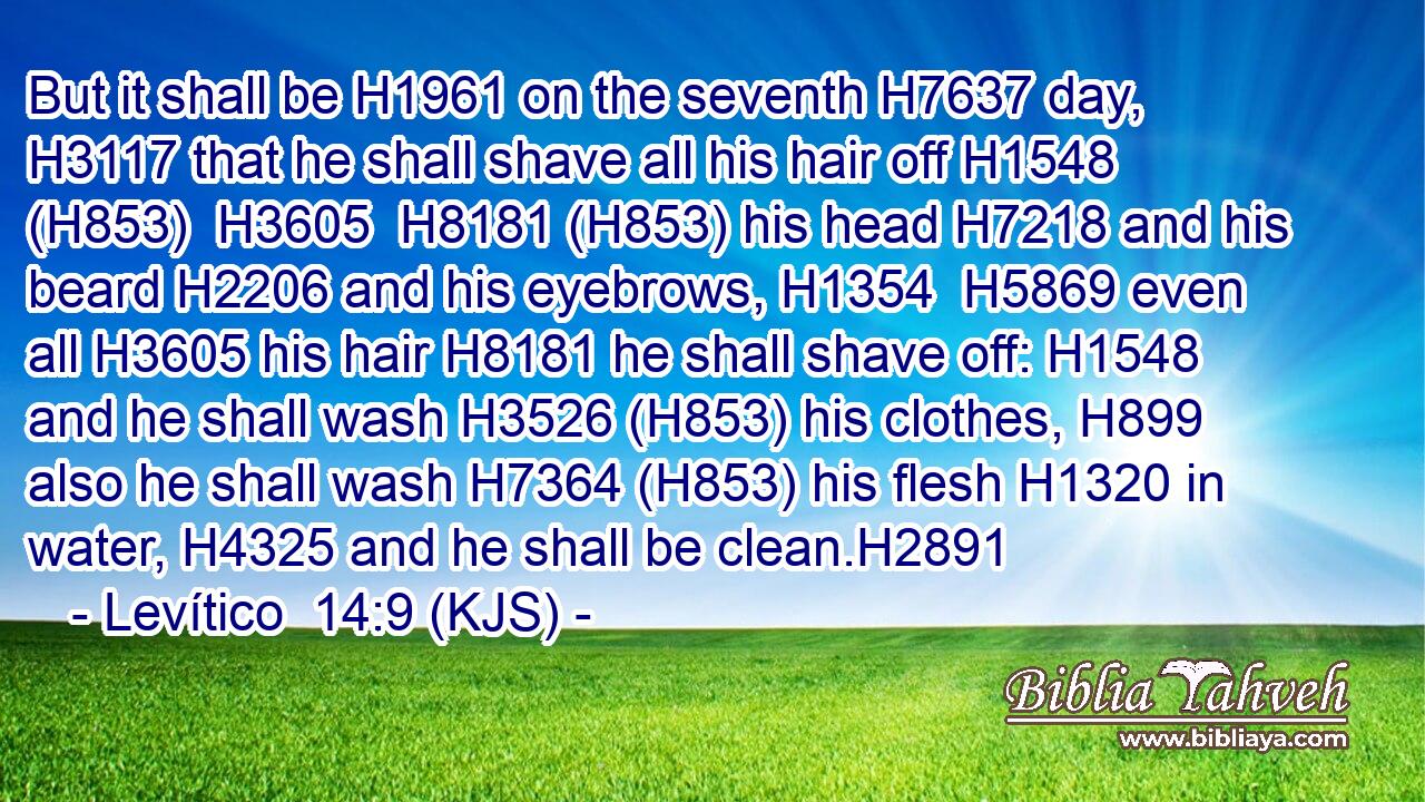 But it shall be H1961 on the seventh H7637 day, H3117 that he shall shave all his hair off H1548 (H853)  H3605  H8181 (H853) his head H7218 and his beard H2206 and his eyebrows, H1354  H5869 even all H3605 his hair H8181 he shall shave off: H1548 and he shall wash H3526 (H853) his clothes, H899 also he shall wash H7364 (H853) his flesh H1320 in water, H4325 and he shall be clean.H2891