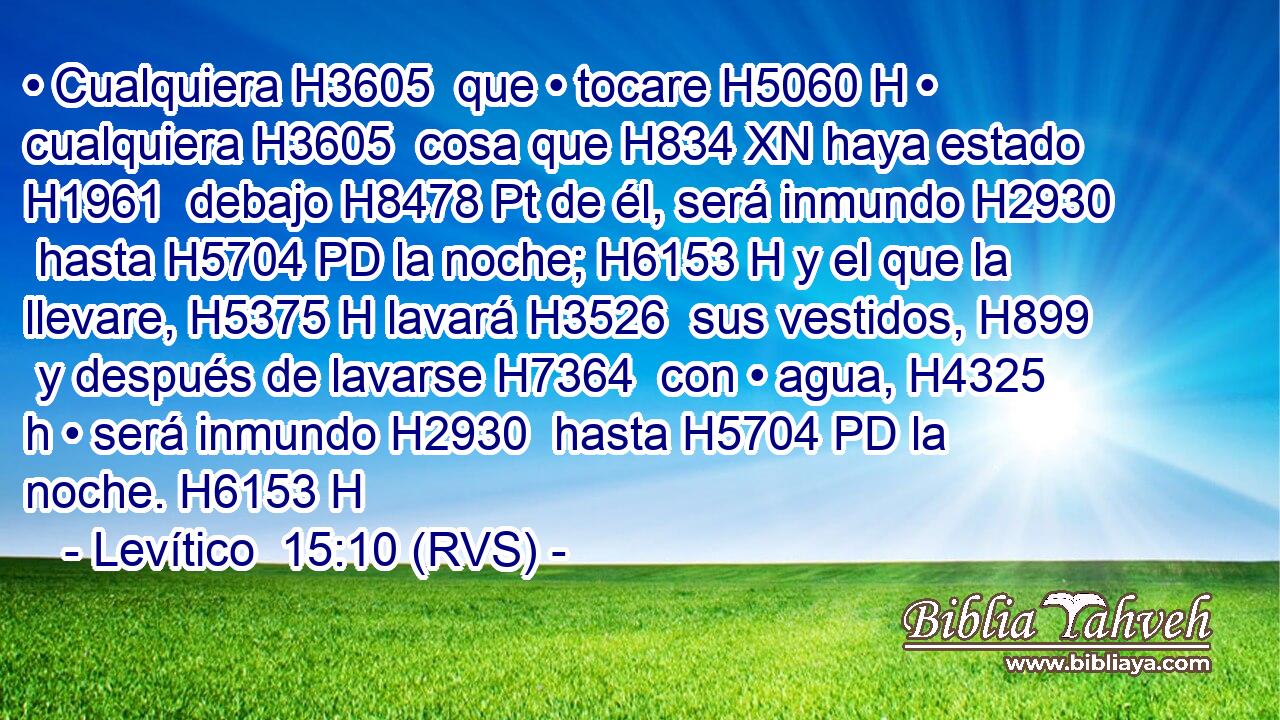 • Cualquiera H3605  que • tocare H5060 H • cualquiera H3605  cosa que H834 XN haya estado H1961  debajo H8478 Pt de él, será inmundo H2930  hasta H5704 PD la noche; H6153 H y el que la llevare, H5375 H lavará H3526  sus vestidos, H899  y después de lavarse H7364  con • agua, H4325 h • será inmundo H2930  hasta H5704 PD la noche. H6153 H 
