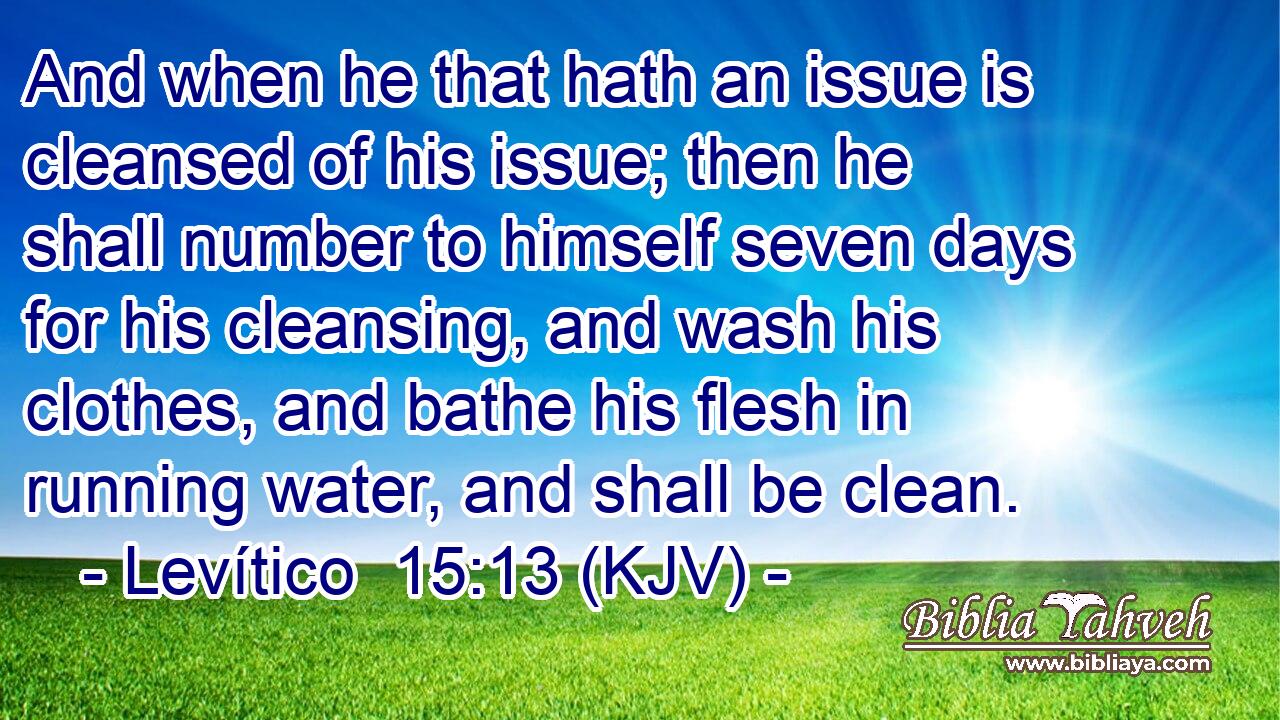 And when he that hath an issue is cleansed of his issue; then he shall number to himself seven days for his cleansing, and wash his clothes, and bathe his flesh in running water, and shall be clean.