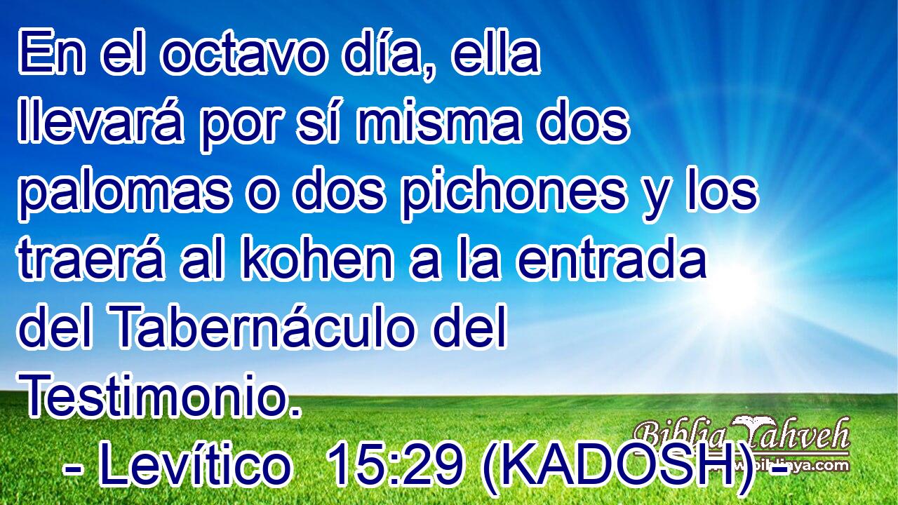  En el octavo día, ella llevará por sí misma dos palomas o dos pichones y los traerá al kohen a la entrada del Tabernáculo del Testimonio. 