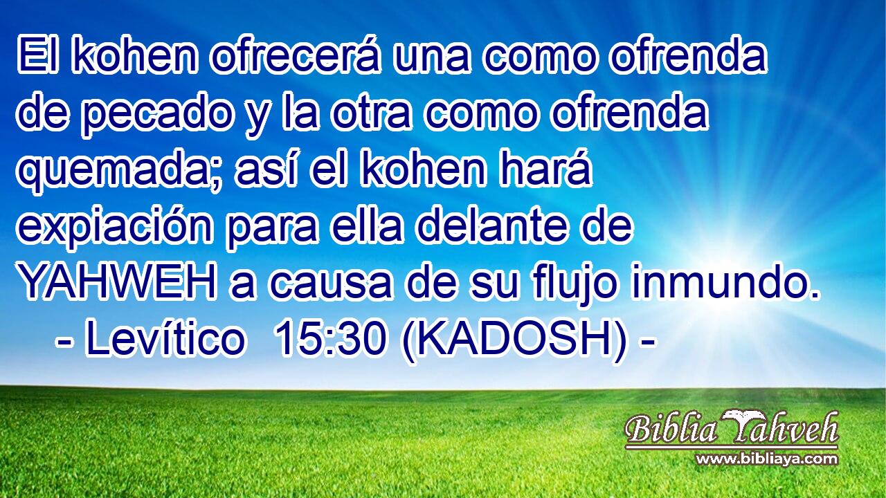  El kohen ofrecerá una como ofrenda de pecado y la otra como ofrenda quemada; así el kohen hará expiación para ella delante de YAHWEH a causa de su flujo inmundo. 