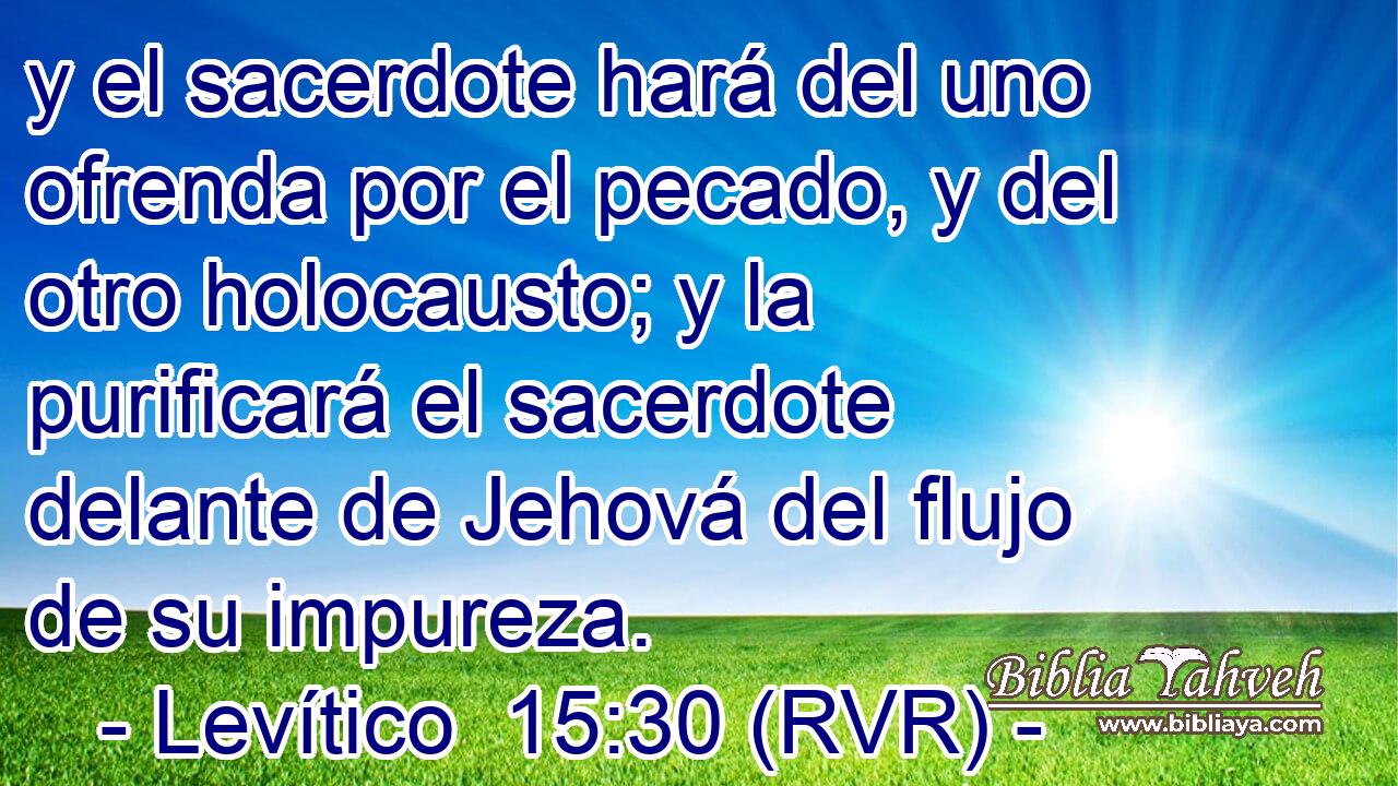 y el sacerdote hará del uno ofrenda por el pecado, y del otro holocausto; y la purificará el sacerdote delante de Jehová del flujo de su impureza.