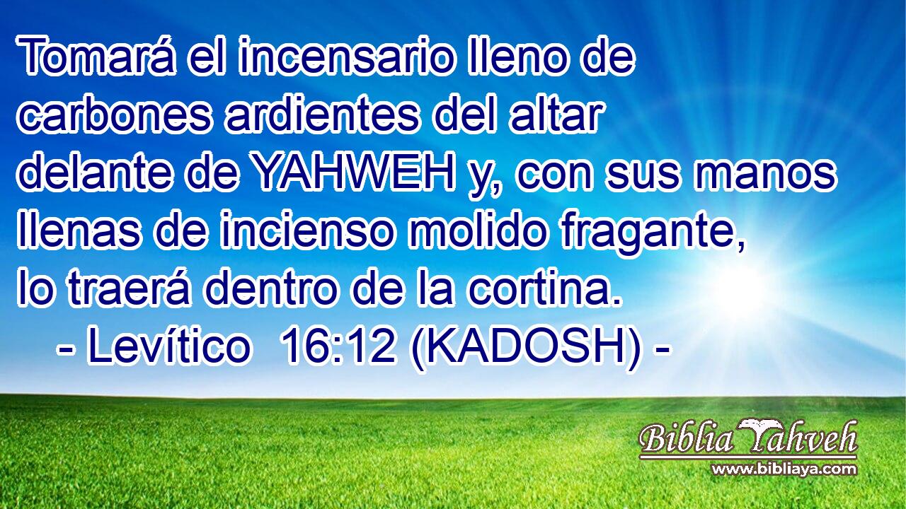  Tomará el incensario lleno de carbones ardientes del altar delante de YAHWEH y, con sus manos llenas de incienso molido fragante, lo traerá dentro de la cortina. 