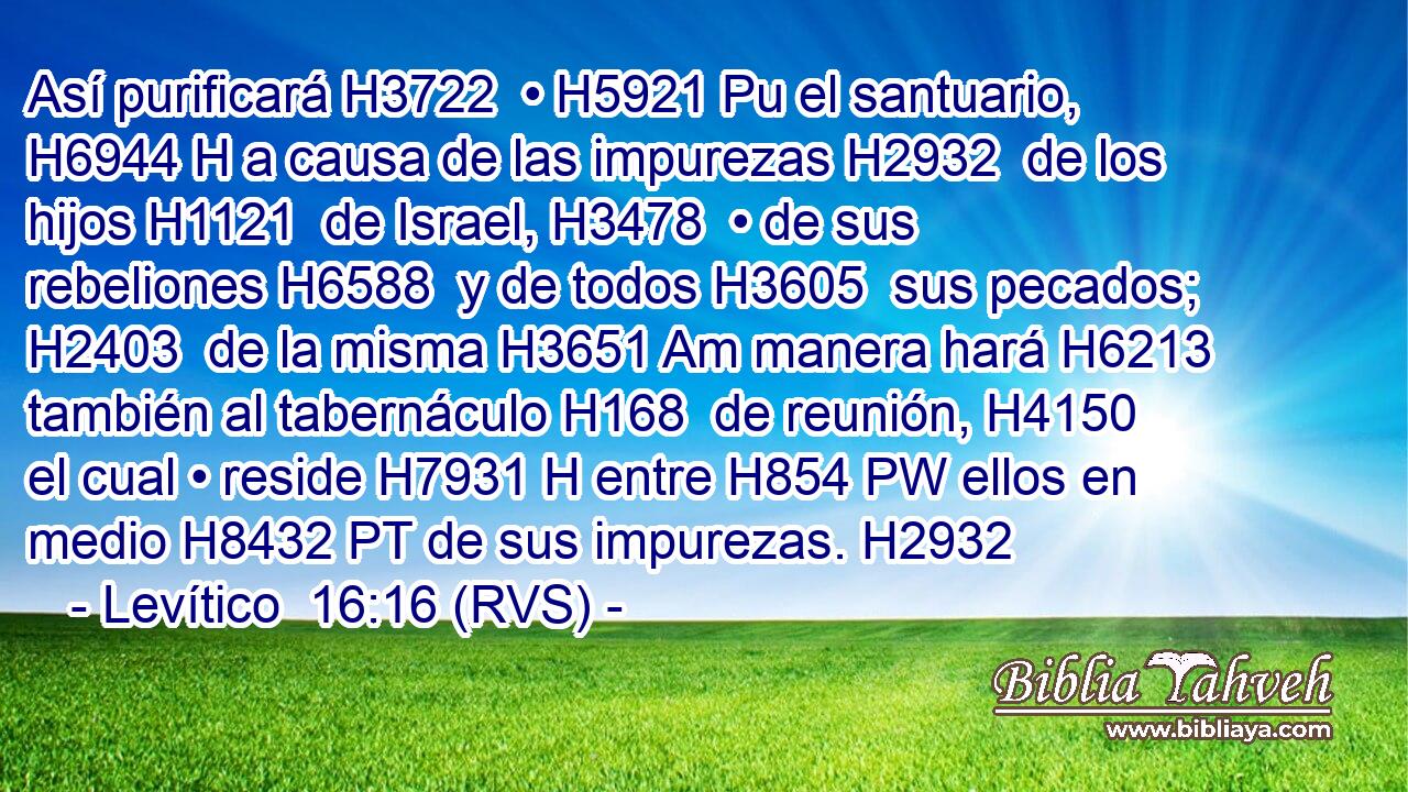 Así purificará H3722  • H5921 Pu el santuario, H6944 H a causa de las impurezas H2932  de los hijos H1121  de Israel, H3478  • de sus rebeliones H6588  y de todos H3605  sus pecados; H2403  de la misma H3651 Am manera hará H6213  también al tabernáculo H168  de reunión, H4150  el cual • reside H7931 H entre H854 PW ellos en medio H8432 PT de sus impurezas. H2932  