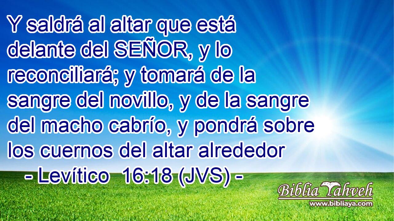 Y saldrá al altar que está delante del SEÑOR, y lo reconciliará; y tomará de la sangre del novillo, y de la sangre del macho cabrío, y pondrá sobre los cuernos del altar alrededor